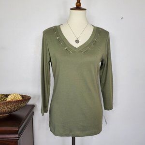 Karen Scott Olive Green Grommet V-Neck 100% Cotton Knit Top NEW NWT Size S